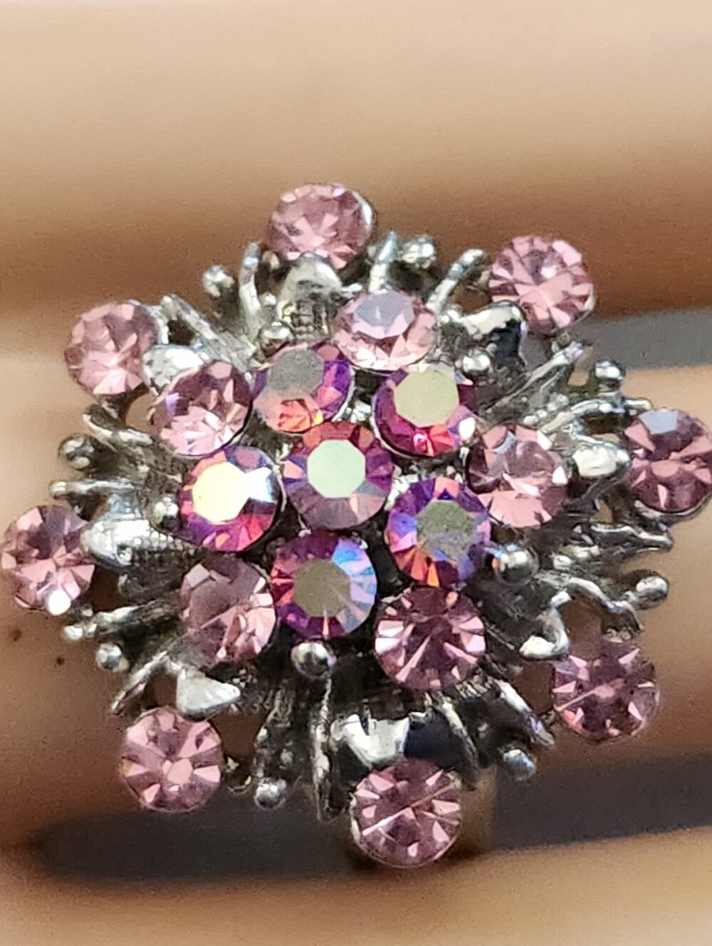 Beautiful Pink Cluster Stone Ring, Silvertone, Adjustable, Gorgeous💕